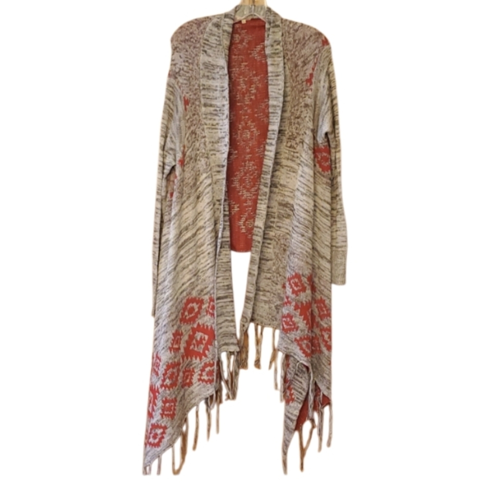 En Creme Womans Size Large Aztec Tribal Gray & Red Open Cardigan‎ Sweater